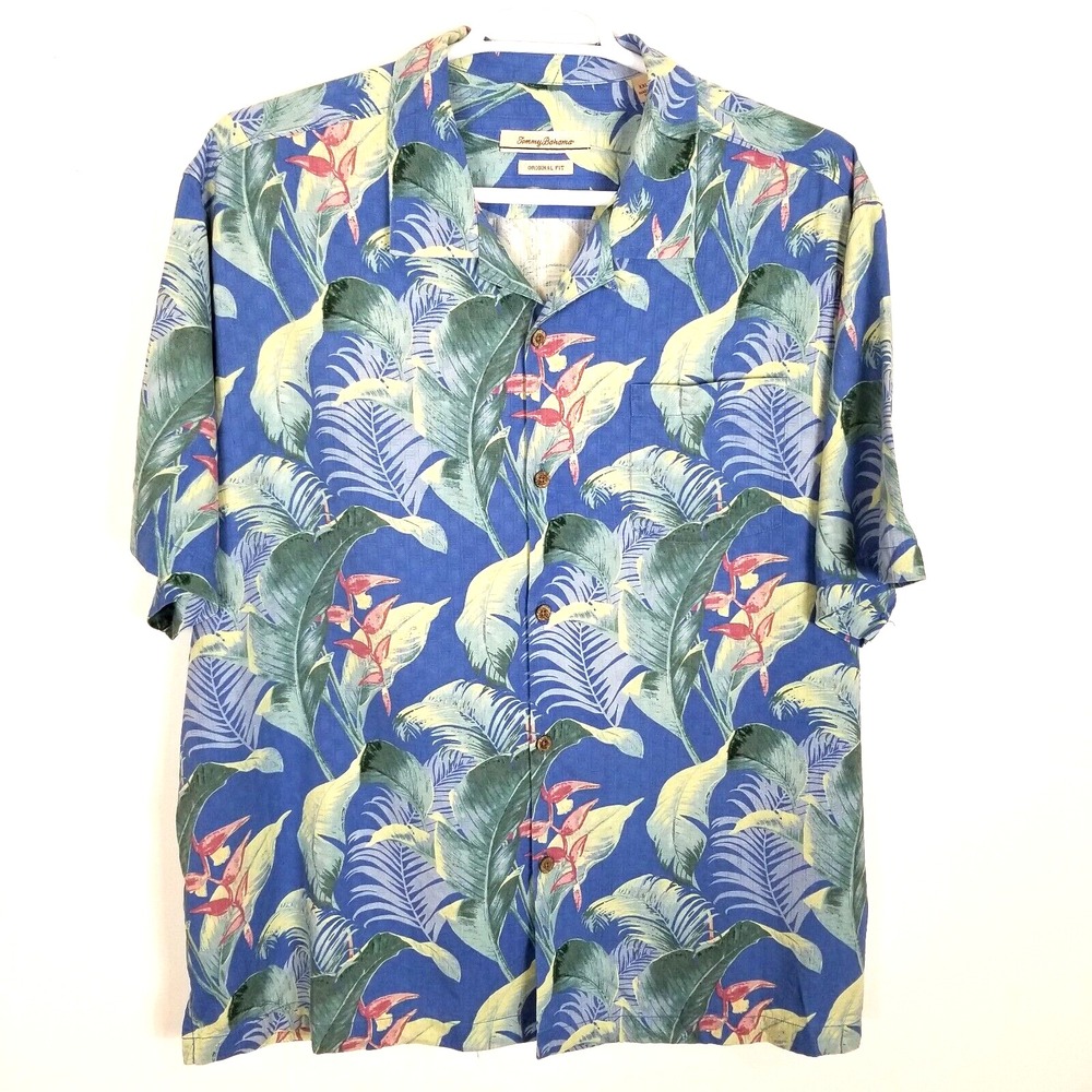 Tommy Bahama Men 100% Silk Hawaiians Shirt Size 2XL‎ Blue Original Fit Button Up